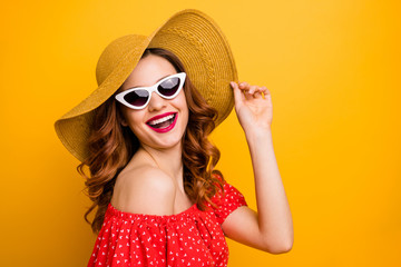 Poster - Beautiful lady came pool party sun bathing wear red dress specs hat isolated yellow background