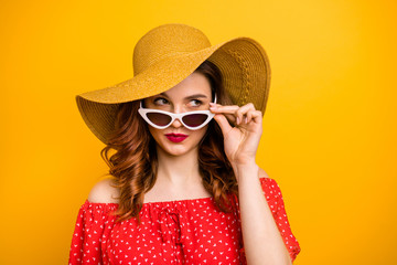 Sticker - Angry lady look window dislike rainy weather wear red dress sun specs and hat isolated yellow background