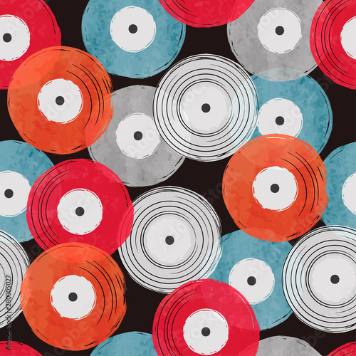 Seamless watercolor vinyl records pattern, Abstract retro musical background.