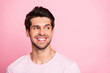 © deagreez - Closeup photo of amazing guy look silly empty space wearing casual outfit isolated on pink background
