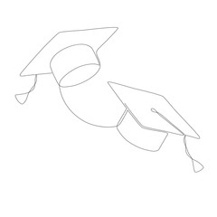 Wall Mural - one line illustration of a pair of graduate hats isolated on white.