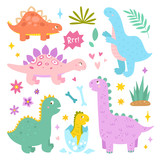 Fototapeta Dinusie - Cute dinosaurs vector illustrations on white background. Funny baby animals clipart for children