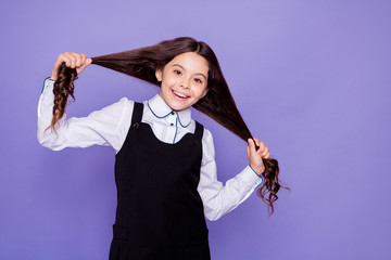 Canvas Print - Portrait of her she nice attractive lovely cheerful cheery positive glad wavy-haired pre-teen girl making tails having fun isolated over bright vivid shine violet background