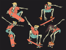 Isolated Illustrations Set Of The Skeletons On The Skateboard. Color Illustration On Dark Background.