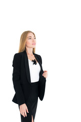 Full body portrait of happy beautiful young businesswoman, isolated on white background. Caucasian blond model in business success concept.