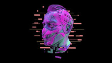 Surreal 3d Illustration Of Cyborg Head In A Futuristic Scary Mask With Teeth. Artificial Face With Damaged Neck. Sci-fi Character Creative Soldier Concept Art. Cyberpunk Robot Man On Black Background