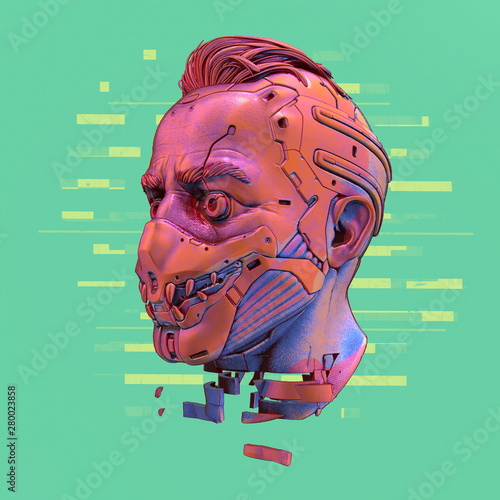 Surreal 3d Illustration Of Cyborg Head In A Futuristic Scary