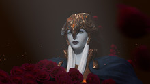 3d Illustration Of A Pale-faced Girl In Fantasy Bronze Helmet On Dark Background. Close-up Portrait Of Medieval Female Knight With Gray Hair In Profile Looking Forward Celebrates Victory In Red Roses