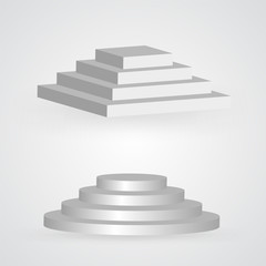 Three dimensional white stairs set, paper style vector steps, fame, celebrity symbol. Podium icon, success, progress, presentation winning isolated on white. Square and round climbing career stairways
