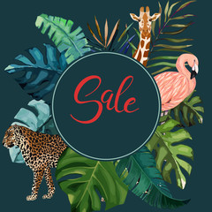 Summer frame with tropical jungle leaves, leopard, giraffe and flamingo.Vector aloha illustration. Watercolor style