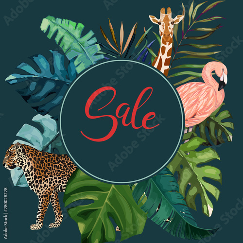 Summer frame with tropical jungle leaves, leopard, giraffe and flamingo.Vecto...