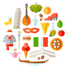 Symbols Of Italy In Flat Style. A Set Of Famous Italian Attributes And Souvenirs In Flat Style. Vector Icons On The Theme Of Travel To Europe.