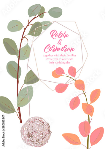 Wedding vertical greeting card, geometrical frame: green leaves eucalyptus po...