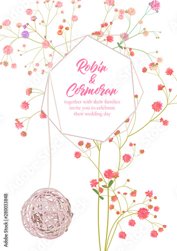 Wedding vertical geometrical frame: twigs pink gypsophile flowers, green leav...
