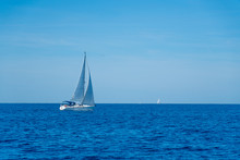 Lonely Yacht Sailing On Opened Sea, Croatia