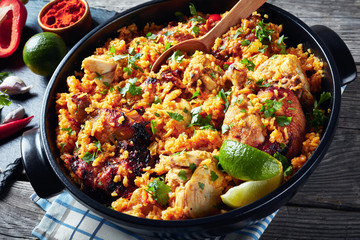 Wall Mural - close-up of Arroz con pollo in a pan