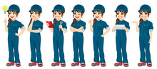 Young Auto Repair Female Mechanic Standing Posing With Different Gestures And Holding Different Objects And Tools