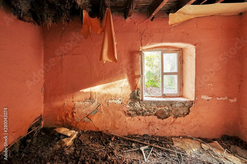 Interior Of An Old Abandoned Ruin House With White Cracked
