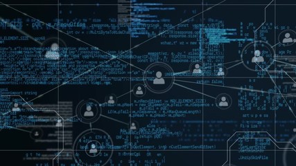 Profile icons and asymmetrical lines with program codes in the background
