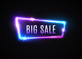 Wall Mural - big sale neon sign on transparent background. electric glowing signboard for discount advertising sa