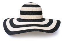 Side Of Stripe White Black Floppy Beach Hat Fashion Isolated White Background. This Has Clipping Path.