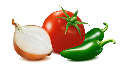 Tomato, green pepper and onion isolated on white background