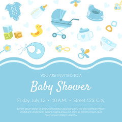 Wall Mural - Baby Shower Invitation Banner Template, Light Blue Card with Newborn Baby Symbols Seamless Pattern and Place for Text Vector Illustration