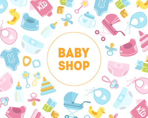 Sticker - Baby Shop Banner Template, Kids Store Badge with Newborn Baby Symbols Seamless Pattern Vector Illustration