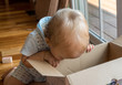 © steheap - Young caucasian toddler looking and reaching inside a cardboard box with a serious expression