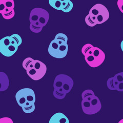 Wall Mural - Seamless pattern with colored skulls on a dark background. Vector illustration in flat style. Halloween background.