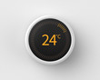 3d rendered smart thermostat showing the temperature in celsius mounted on a white wall.