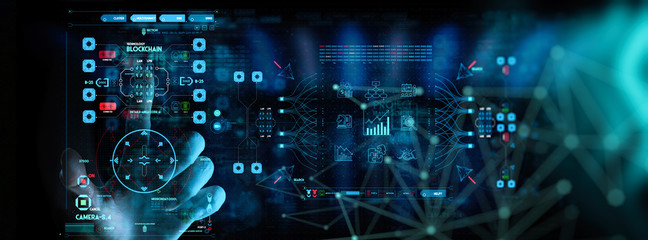 hand working with Business data analytics process management with KPI financial charts and graph marketing dashboard.