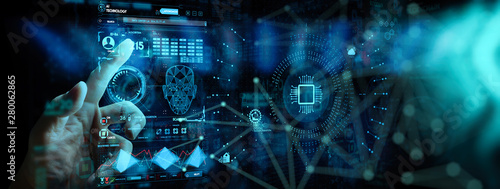 Fotografía Hand working with Digital transformation change management and internet of things (IoT) Ui