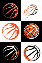 Set Of Basketball Balls, Stylized Handdrawn Images, Isolated On Black And White Background, Basketball Logo Design Elements.
