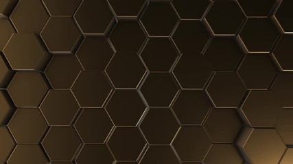 Wall Mural - Gold hexagon geometry background. 3d render of simple primitives with six angles in front