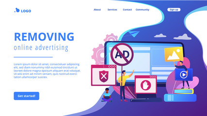 Programmer developing anti virus program. Banned Internet content. Ad blocking software, removing online advertising, ad filtering tools concept. Website homepage landing web page template.