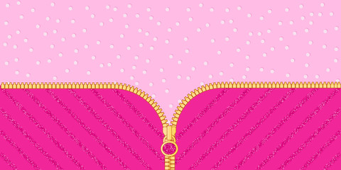 Bright pink glittered striped on light background for themed lol doll party. Open vector yellow zipper and cute lock. Rose baby birth backdrop template with dots. Blank red banner text space invite