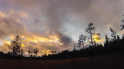 Timelapse of clouds moving in the sky over a forest in Akaslompolo, Lapland, Finland