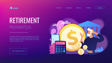 Earnings Fund, Budget Calculating, Social Security. Retirement Preparation, Financial Savings Of Retirees, Pension Saving Planning Concept. Website Homepage Landing Web Page Template.