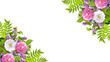 Beautiful floral corner ornament consists of lilacs flowers, dog roses (briar) and leaves isolated on white background. Copy space for photo or text.