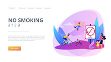 Weekend Activities In Park. Father Riding Bicycles With Son. Active, Healthy Hobby. Smoke-free Zone, No Smoking Area, Tobacco Free Facility Concept. Website Homepage Landing Web Page Template.