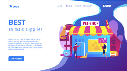 Canvas Print - Pet store, dog care. Animal products. People shopping for their pets. Animals shop, best animals supplies, pet goods e-shop concept. Website homepage landing web page template.