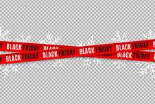 Red Ribbons For Black Friday Sale Isolated On Transparent Background. Crossed Ribbons. Snowflakes. Graphic Elements. Vector Illustration