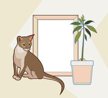 Vector Mock Up Wooden Frame, Abyssinian Cat And Avocado Plant. Interior Home Poster Mockup With Wood Frame And Green Leaves On Light Wall Background. Hipster Template Poster, Picture, Art Painting.