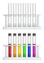 Set Of Test Tubes In Racks. Test Tubes Empty And Filled With Multi-colored Liquid. Special Laboratory Equipment For Medicine, Pharmacy, Biology And Chemistry. Vector