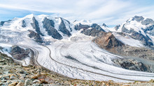 View For Morteratsch Glacier And Panorama Of Piz Berinia And Piz Palu In Switzerland. Swiss Alps.
