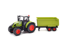 Farm Green Toy Tractor With Empty Trailer, Isolated On White Background. Copy Space Background