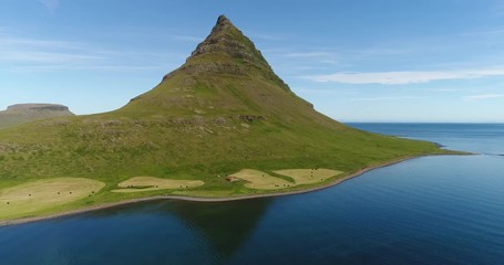 Poster - Iceland nature drone video of Kirkjufell mountain landscape in West Iceland on the Snaefellsnes peninsula. Icon of Iceland and most photographed mountain.