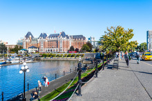 Cityscape Downtown In The City Of Victoria, Canada By The Inner Harbour Across From Government Street.