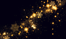 Golden Black Christmas Or New Year Background With Glitter, Snowflakes, Stars, Bokeh Gold Lights, Festive Dark Style Background With Copy Space, Raster Illustration